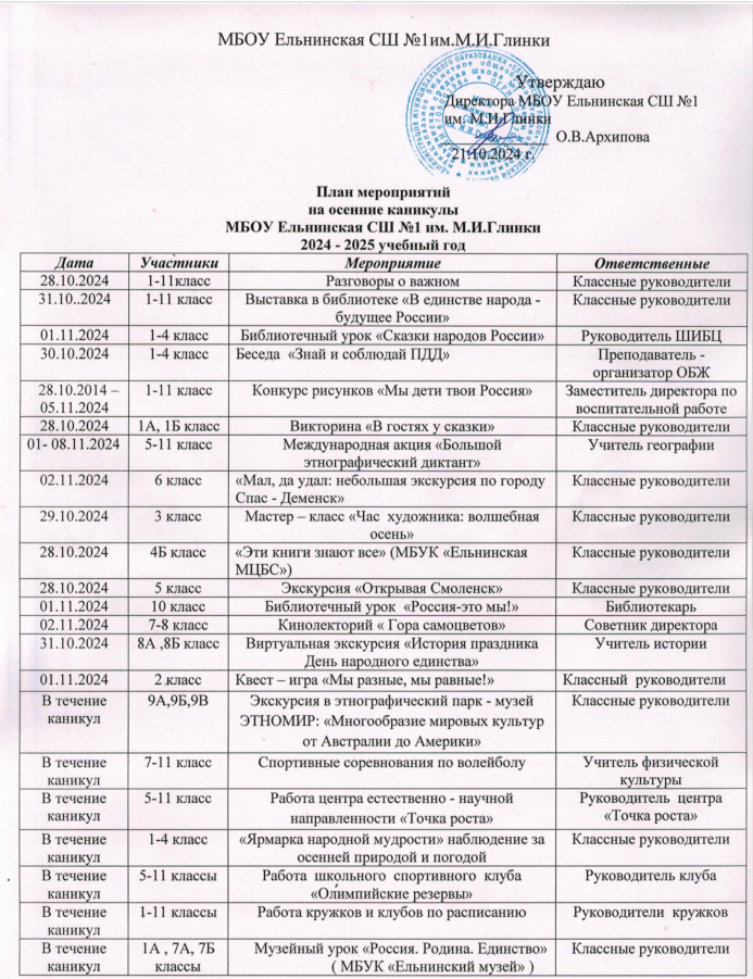 План мероприятий на осенние каникулы 2024-2025 учебного года.